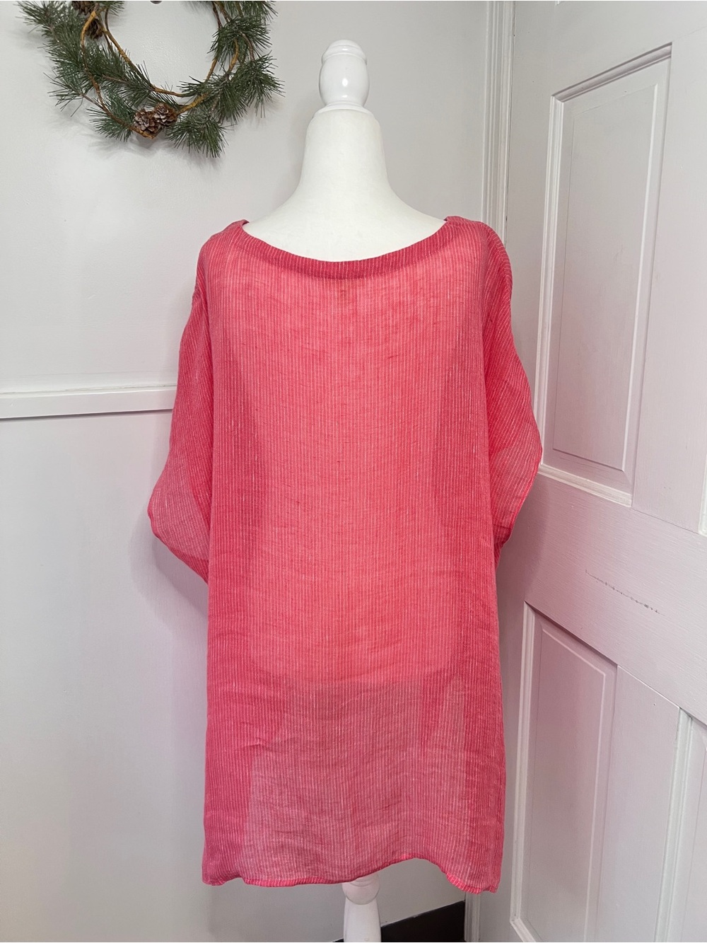 Eileen Fisher Pinstriped Linen Gauze Ballet Neck Boxy Tunic Top in Peony - Picture 5 of 10